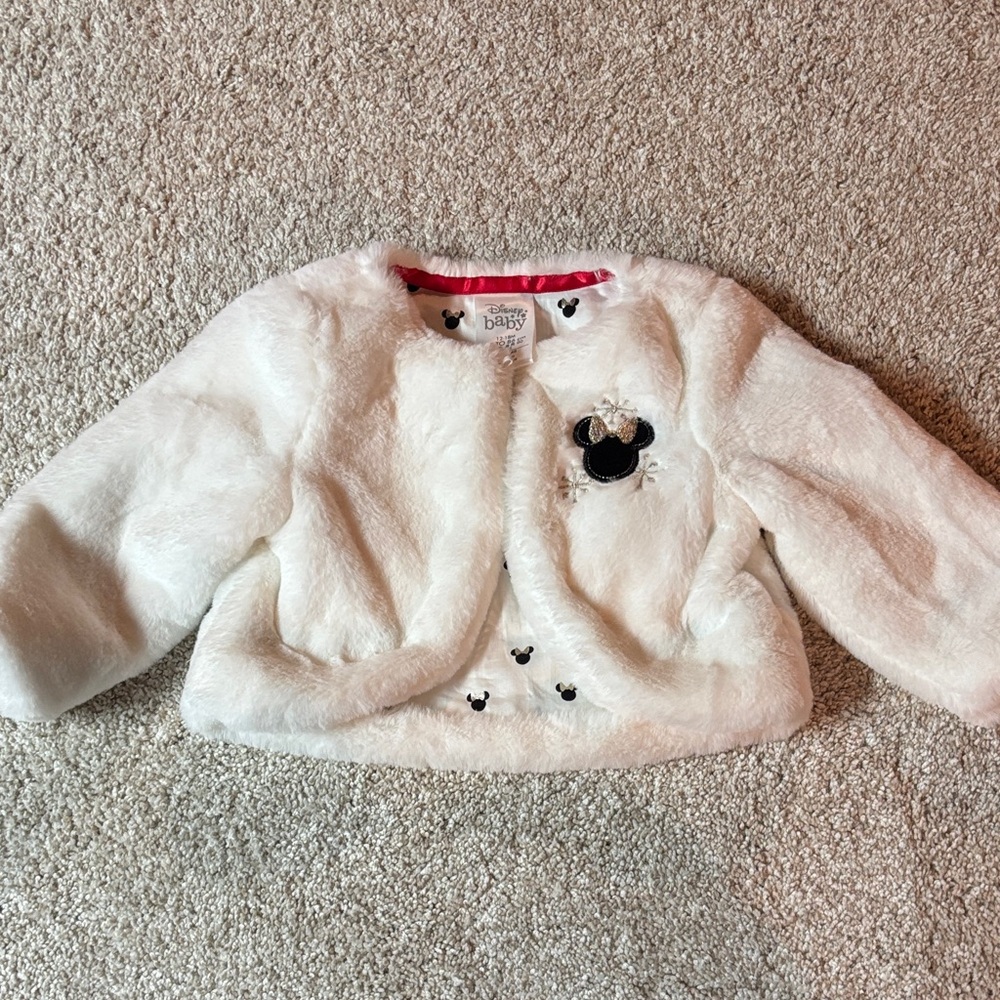 Disney Cream Faux Fur Jacket with Black Accents